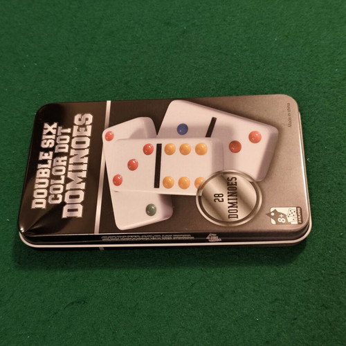 Double Six Color Dot Dominoes board game, 28 tiles, metal tin