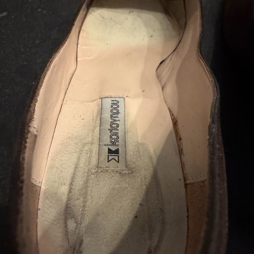 Kalogirou dark brown suede heeled loafers used with metal buckle and fringe size 38.5
