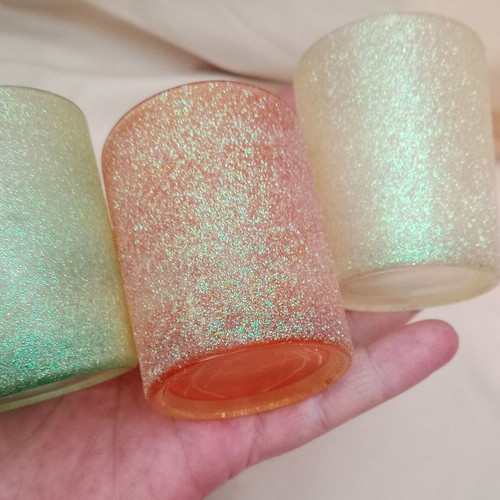 Glass candle holders used, set of 6, various colors with glitter