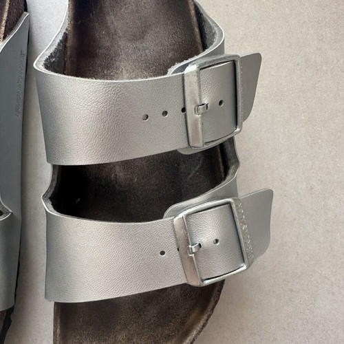 Birkenstock silver leather slippers, size 38