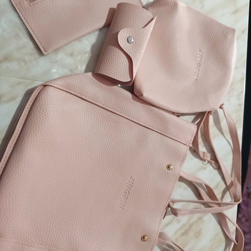 Pink synthetic leather bag set new, 4 pieces