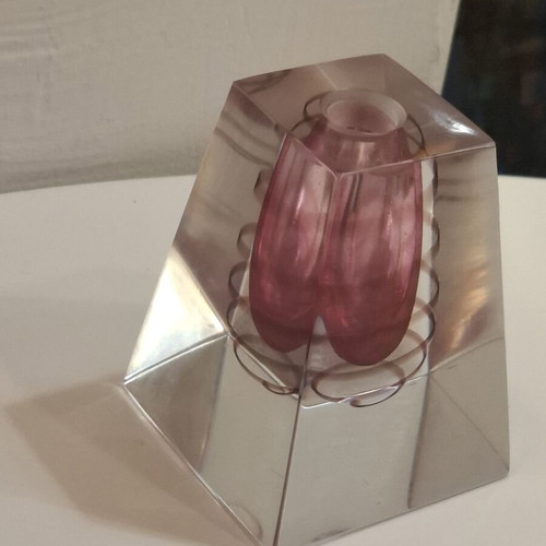 Art Glass Solid Dip Pen and Holder Deep Pink Spiral Used