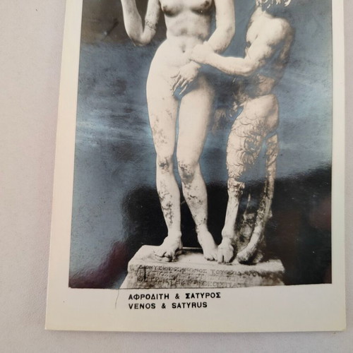 Black and white postcard Aphrodite & Satyr used, photo Sphinx 1954