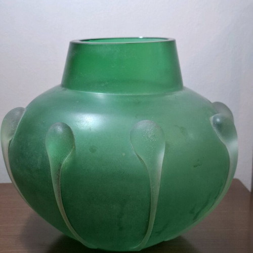 Art vase used, heavy, sand-blasted with appliqued detail