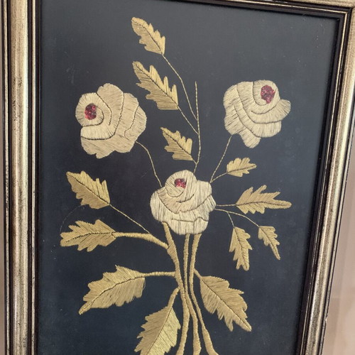 Handmade vintage embroidered textile painting with gold thread and sequins