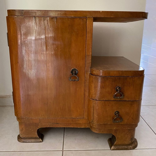 Vintage wooden Art Deco nightstand used with cabinet and 2 drawers