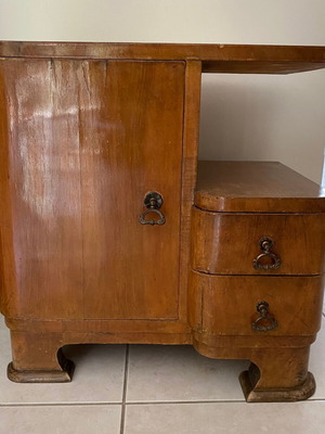 Vintage wooden Art Deco nightstand used with cabinet and 2 drawers