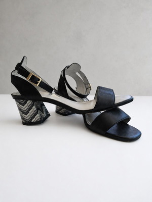 Devina Genuine Leather Black Heeled Sandals with Geometric Heel Size 40