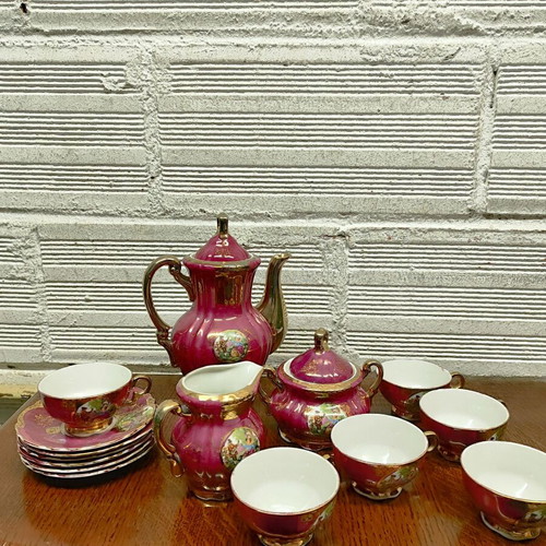 Porcelain coffee set used, 15 pieces, burgundy-fuchsia with gold details