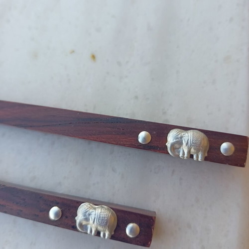 Thai Rosewood Chopsticks with Decorative Metal Elephants, new