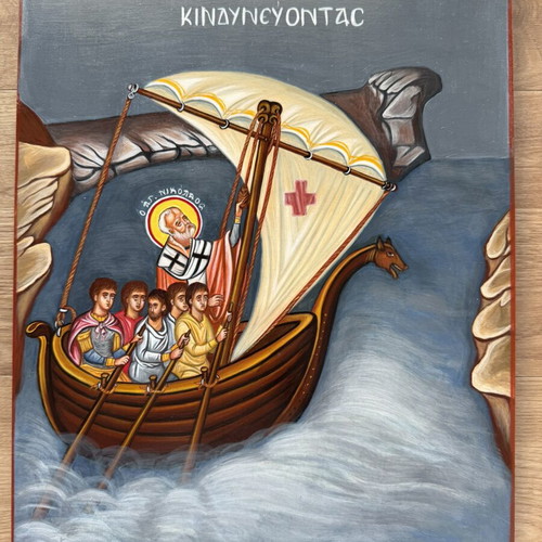Handmade Byzantine icon of Saint Nicholas protecting sailors
