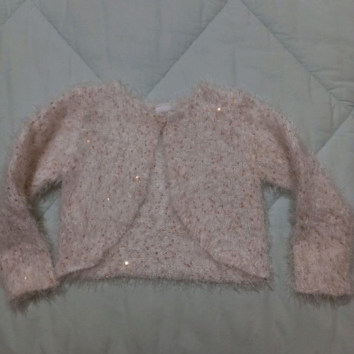 Knitted bolero cardigan used, white with gold thread and sequins, 24 months