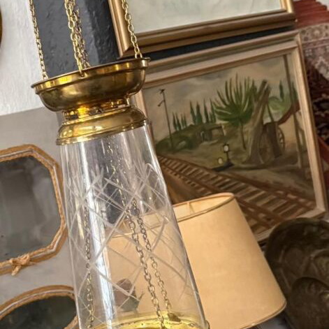 Crystal lamp used, brass, vintage 35cm with 24cm chain