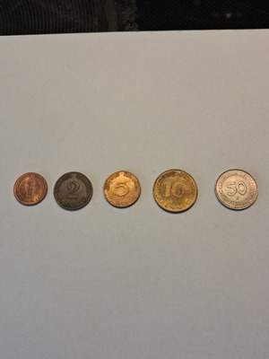 Set of 5 German Pfennig coins used, historical marks