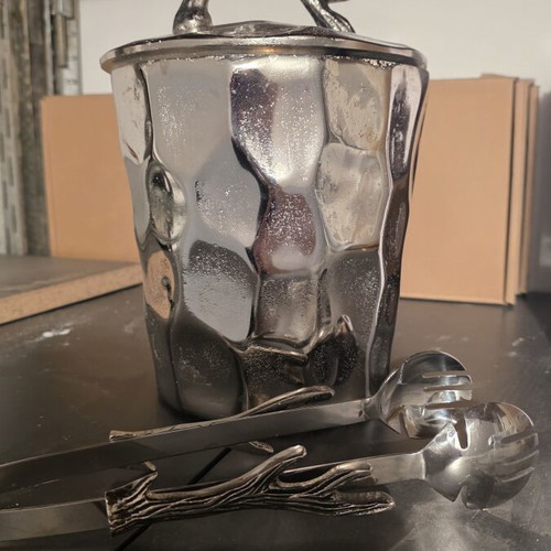 Ice bucket with bronze tongs like new