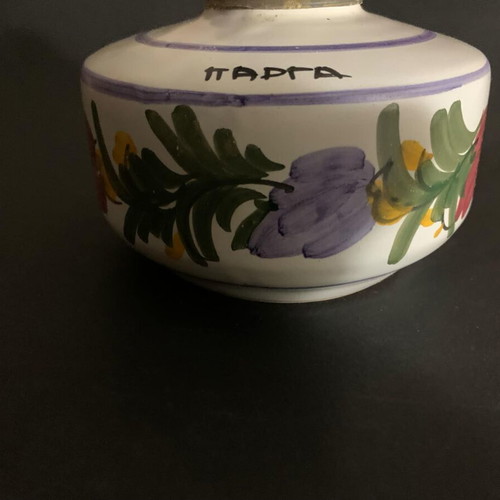 Vintage handmade oil lamp used, hand-painted clay from Parga