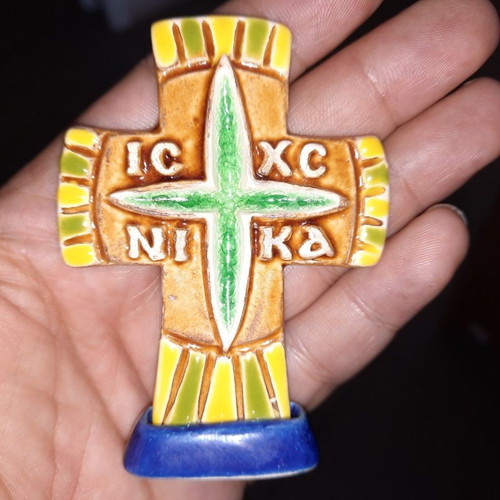 Ceramic tabletop cross new with base