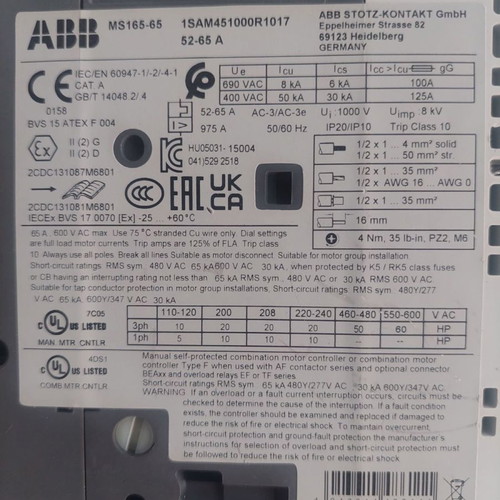 Thermal magnetic switch ABB 52-65A MS165-65 used