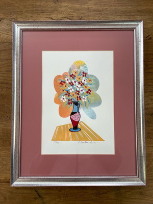 G. Stathopoulos silk screen printing used, vase with flowers