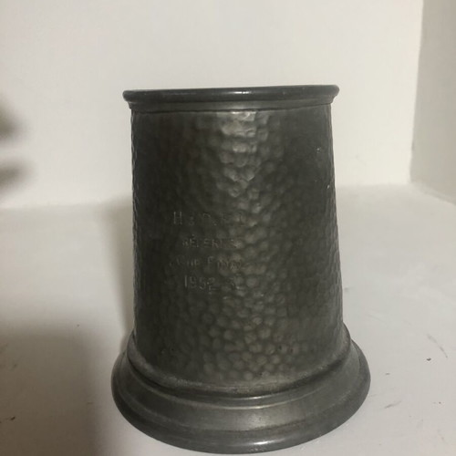 English pewter tankard jug used, vintage hammered finish