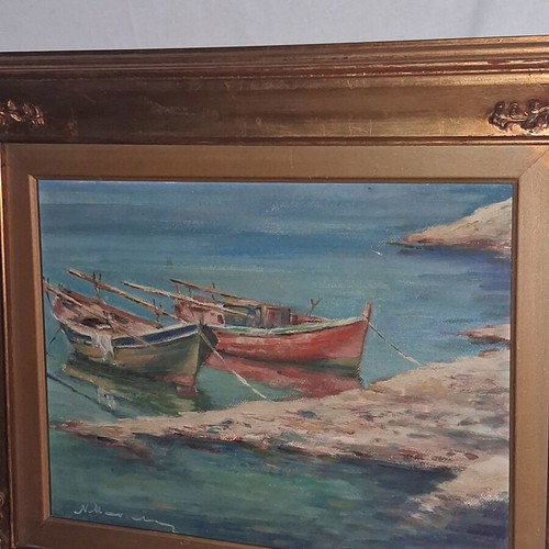 Nikos Maniatis Seascape with Traditional Boats Oil Painting on Hardboard