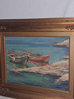 Nikos Maniatis Seascape with Traditional Boats Oil Painting on Hardboard