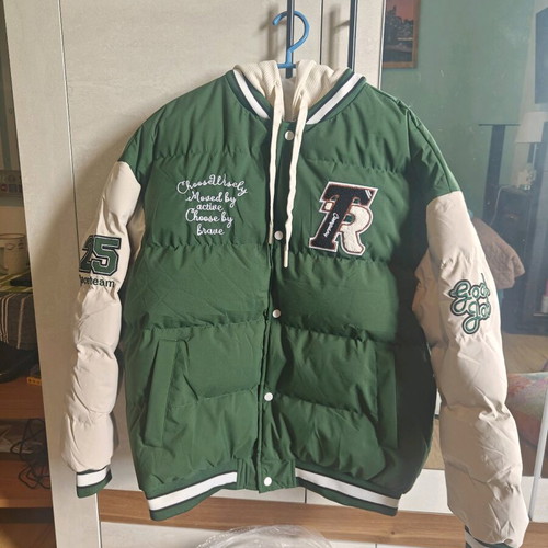 Men's puffer varsity jacket with hood, new, green and white