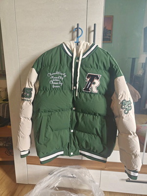 Men's puffer varsity jacket with hood, new, green and white