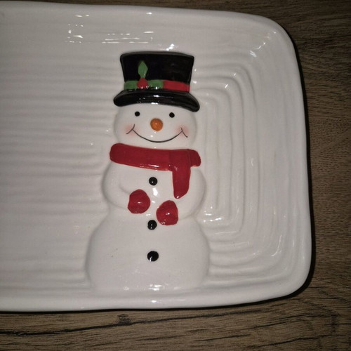 Christmas ceramic platter white with snowman like new