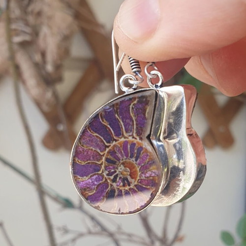 Silver Plated Earrings with Colorful Ammonite Design and Dichroic Glass