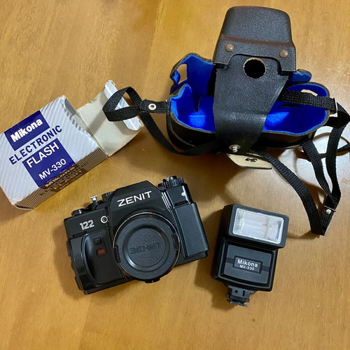 Zenit 122 vintage 35mm SLR camera with Mikona MV-330 flash and case