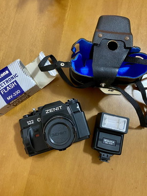 Zenit 122 vintage 35mm SLR camera with Mikona MV-330 flash and case
