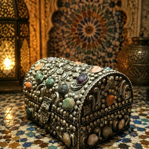 Vintage Moroccan Handmade Jewelry Box with Natural Semi-Precious Stones