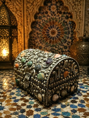 Vintage Moroccan Handmade Jewelry Box with Natural Semi-Precious Stones