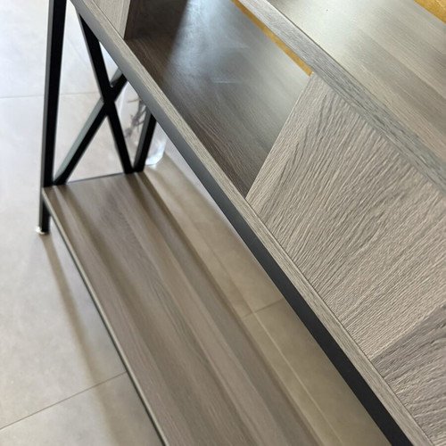 Console table like new, gray-beige wood texture with black metal base