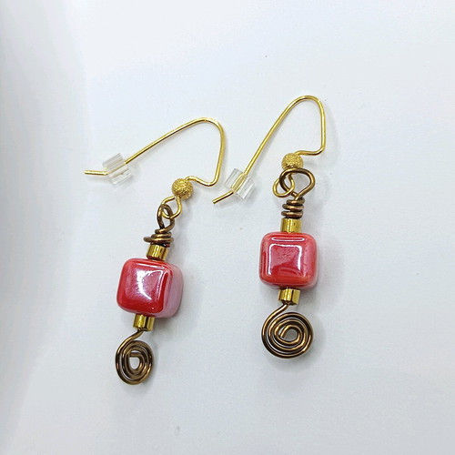 Vintage earrings with red ceramic beads and hematite, new