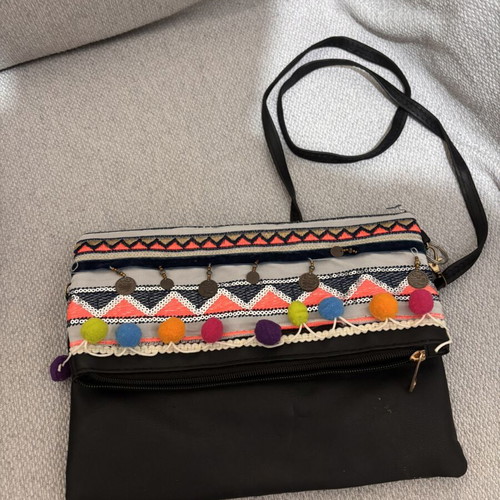Boho summer bag clutch with pom poms and coins new