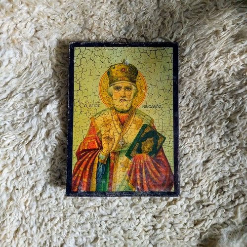 Wooden Saint Nicholas Icon used, vintage style with crackle effect