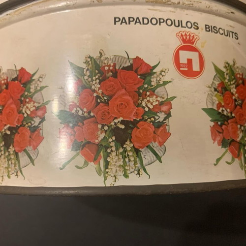 Papadopoulou Fiori biscuit tin used, metal