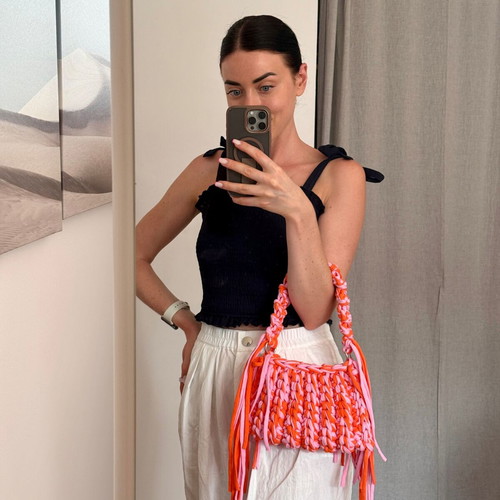 Handmade Crochet Fringe Bag new, pink and orange t-shirt yarn handbag