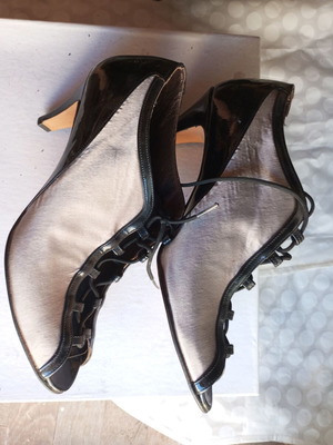 Vintage satin ankle boots like new, gray and silver, heel 6 cm