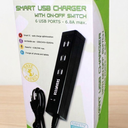 EcoSavers Smart USB Charger 6 ports new with ON/OFF switch 6.8A