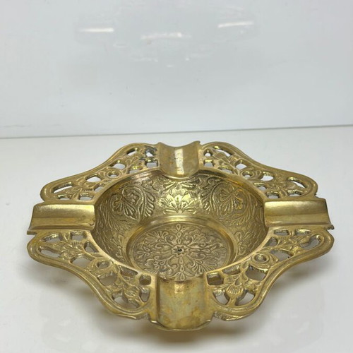 Vintage handmade brass ashtray with floral engravings