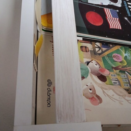 Montessori white shelf used, wooden, fits many storybooks