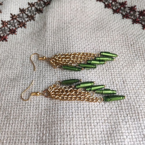Handmade long earrings made to order with green recycled aluminum beads