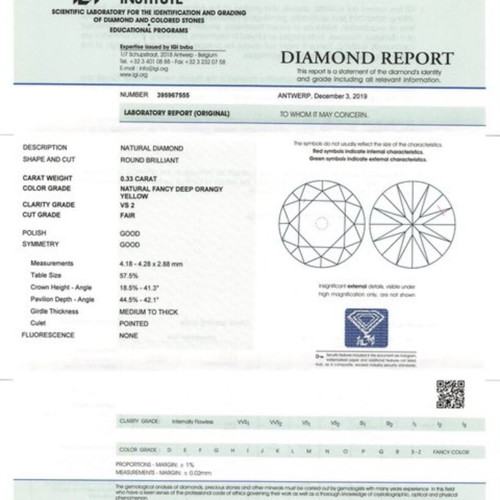 Natural Fancy Deep Orangy Yellow Diamond 0.33 ct IGI Certified new