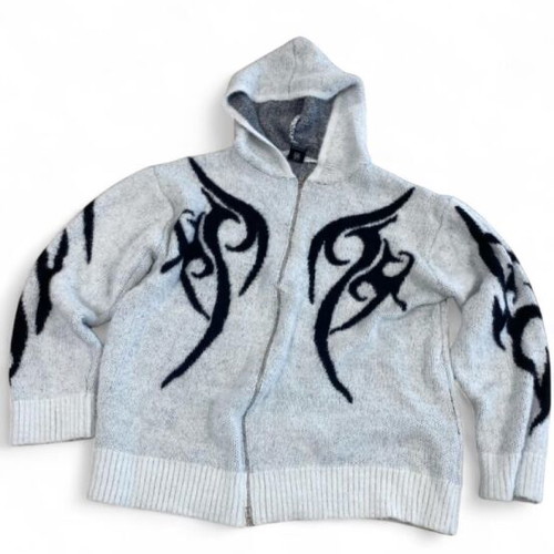 Oversized gray zip-up fleece hoodie with tribal graphics