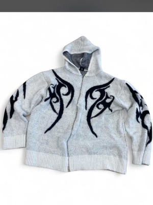 Oversized gray zip-up fleece hoodie with tribal graphics