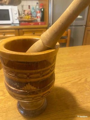 Wooden mortar and pestle used, old