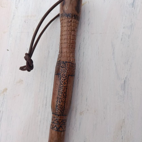 Handmade hiking stick used, almond wood with carving and pyrography